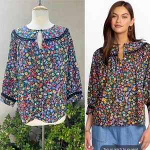 Johnny Was boho peasant blouse multicolor floral Rosa Poplin Sz L NWT